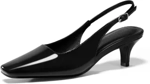 Coutgo Womens Kitten Low Heels Slingback Pumps Squared Point Toe Buckle Strap Wedding Party Dress Shoes