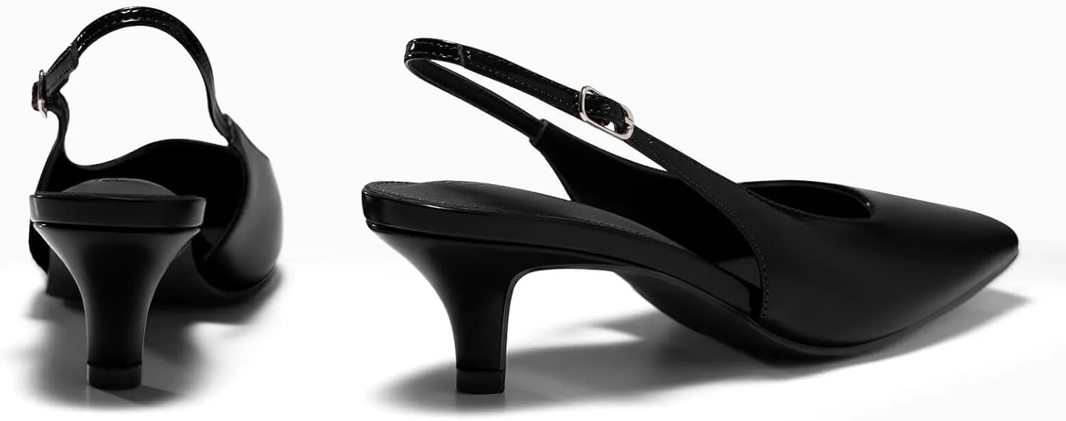 Coutgo Womens Kitten Low Heels Slingback Pumps Squared Point Toe Buckle Strap Wedding Party Dress Shoes