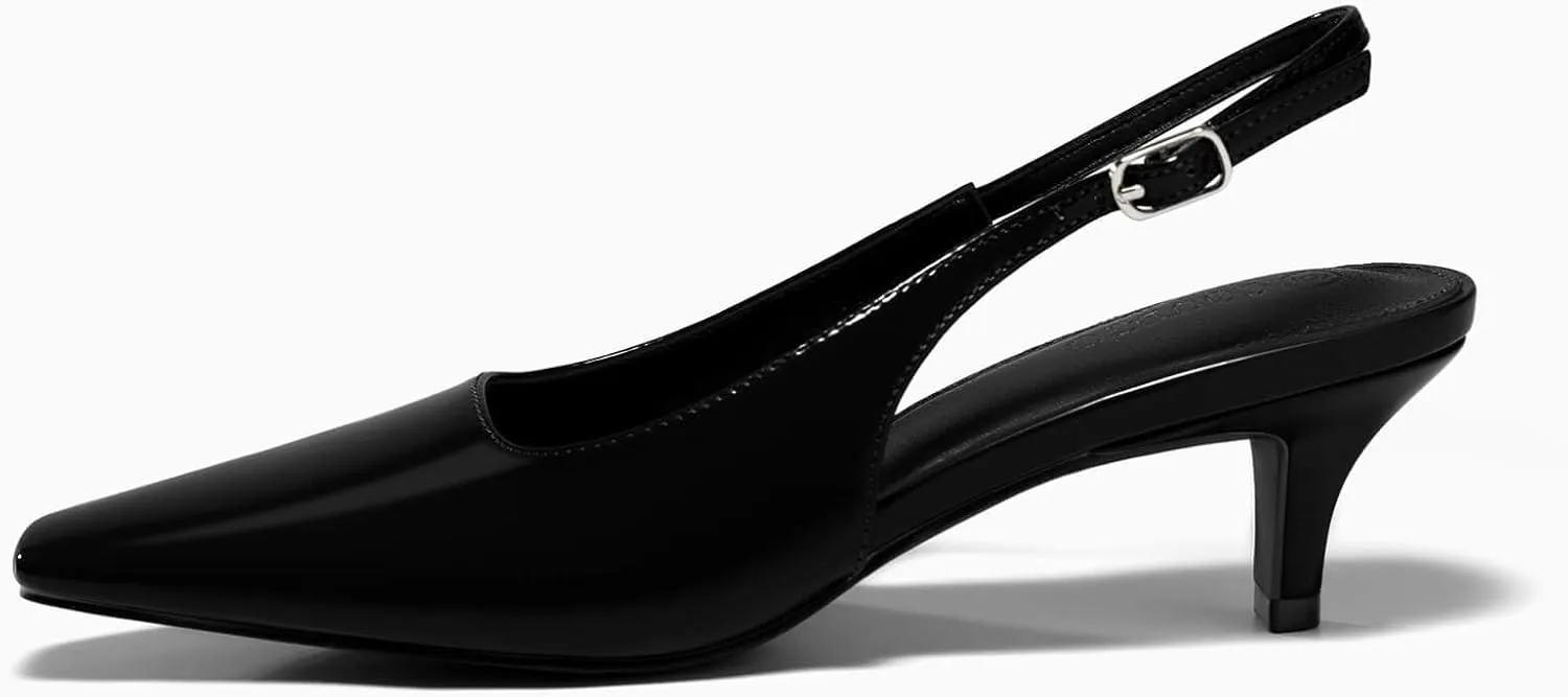 Coutgo Womens Kitten Low Heels Slingback Pumps Squared Point Toe Buckle Strap Wedding Party Dress Shoes