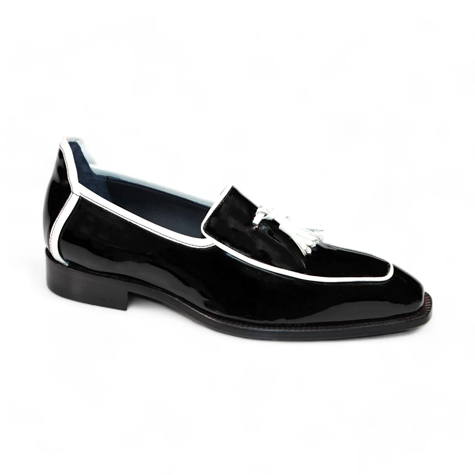 Duca Fano Men's Shoes Black/White Patent Leather-Velvet, Leather Lining Formal Loafers (D1140)