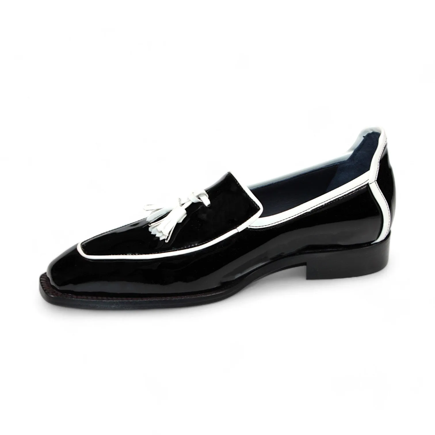 Duca Fano Men's Shoes Black/White Patent Leather-Velvet, Leather Lining Formal Loafers (D1140)