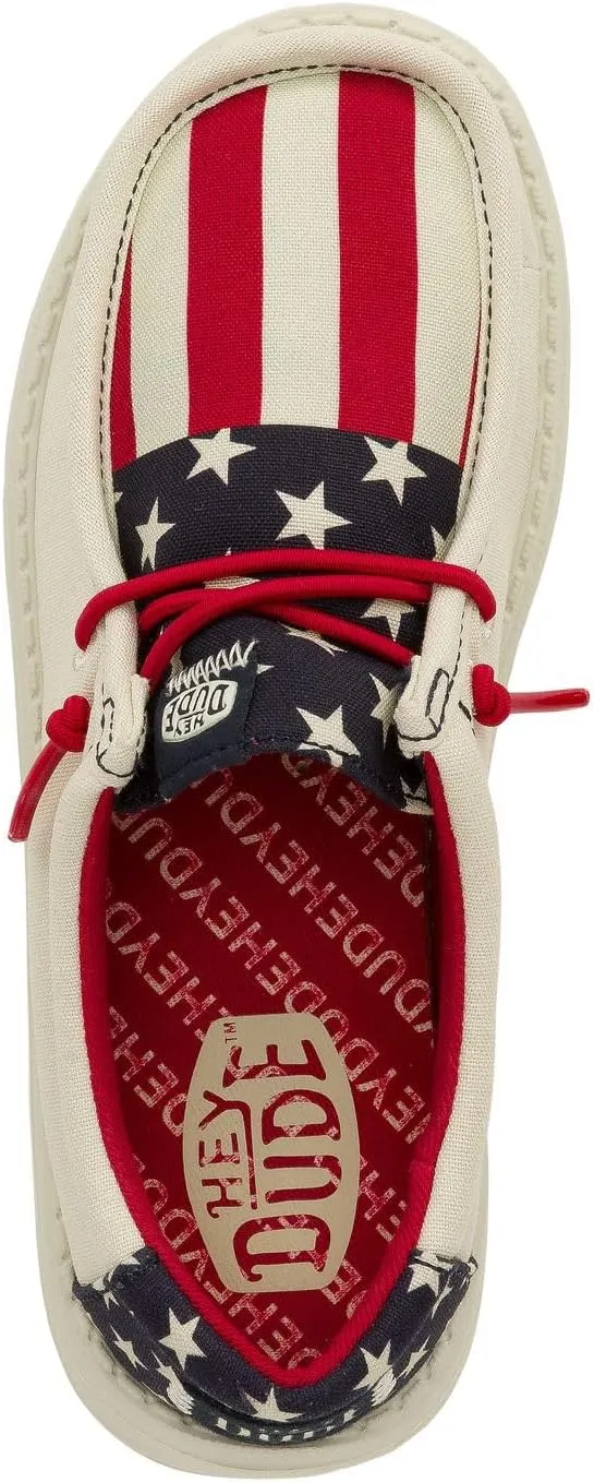 Hey Dude Kids Wally Americana (Little Kid/Big Kid) - Loafers for Kids - Printed Canvas Upper - Leather Lining