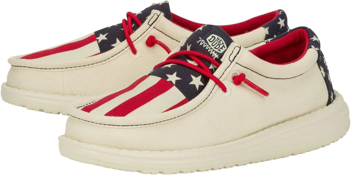 Hey Dude Kids Wally Americana (Little Kid/Big Kid) - Loafers for Kids - Printed Canvas Upper - Leather Lining