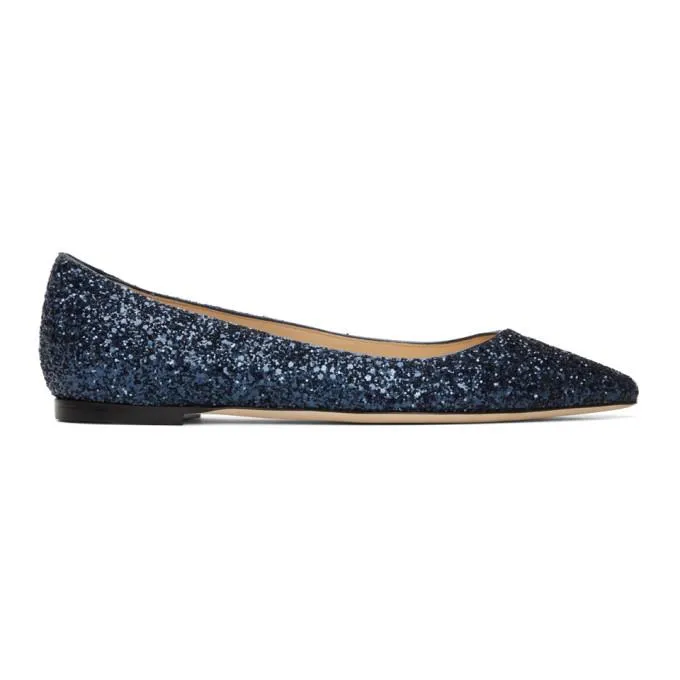 Jimmy Choo Navy Glitter Romy Ballerina Flats