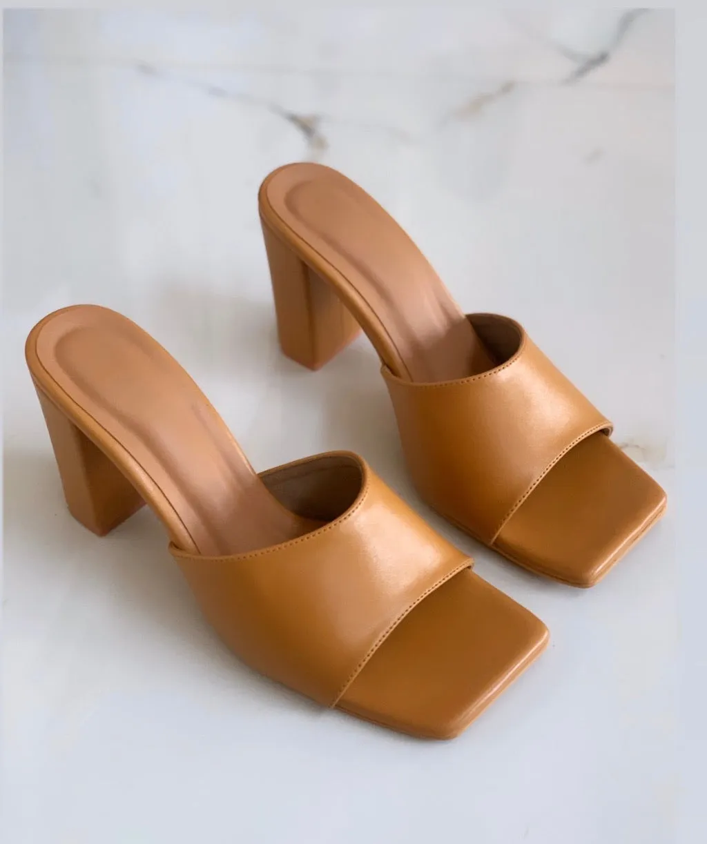 Ochre Tan Square Toe Mules