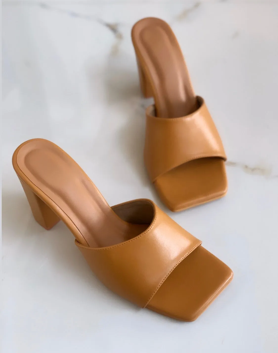 Ochre Tan Square Toe Mules