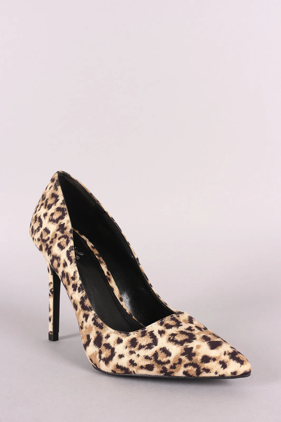 Qupid Leopard Vegan Suede Pointy Toe Stiletto Pump