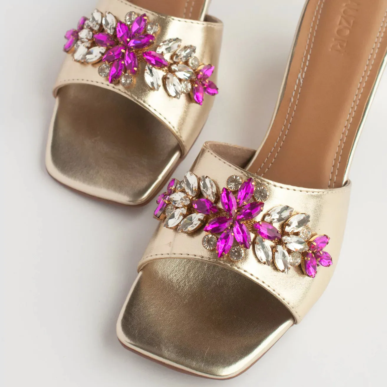 Rani Pink Stones Embellished Gold Block Heels