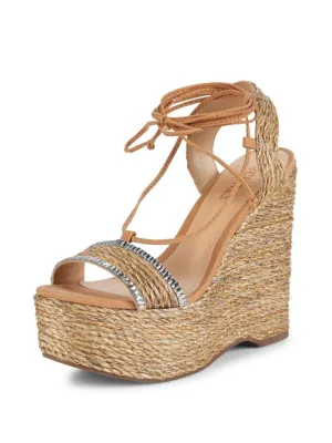 Schutz Natural Desert Aveline Embellished Wedge Espadrilles Platform Sandals